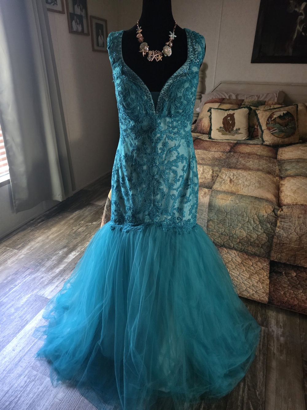 Sherri Hill Teal Lace Appliqué Mermaid Gown